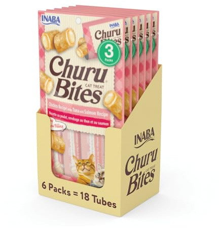INABA Churu Bites for Cats, Soft/Chewy Baked Chicken Wrapped Churu Filled Cat Treats with Vitamin E, 0.35 Ounces per Tube, 18 Tubes Total (3 Tubes per Pack), Tuna with Salmon Recipe