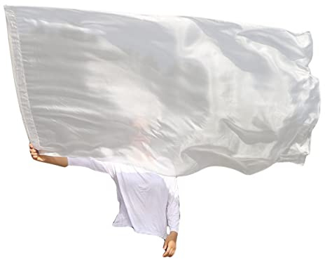Winged Sirenny Leichte Prophetische Anbetungsfahne aus Seide mit flexiblem Stab für Spirituelle Tänze, Tanzveranstaltungen, Kirche & Feierlichkeiten. Handbemalte 178 x 89 cm (weiß)