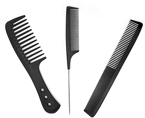 Set di 3, barbiere Antistatico Carbon Fiber comb, salone di parrucchiere ampio dente pettine, per uomini e donne, fibra di carbonio resistente al calore, pettine di coda in acciaio inossidabile (nero)