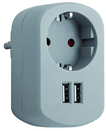 SIMON - Adaptador Combi, Adaptador de Viaje con Toma Schuko 16A y 2 Enchufes USB, Adaptador Corriente de Carga de Pared, Ladrón USB, Color Gris Ceniza