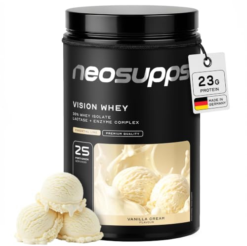Neosupps Vision Whey Protein Pulver Geschmack: Vanilla Cream I Hochwertiges Eiweiss mit zusätzlicher Laktase, sowie Verdauungsenzymen Bromelain & Papain für eine optimale Aufnahme