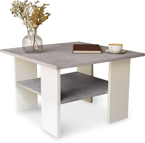 MeblePitus ST1 - Tavolino da salotto moderno in calcestruzzo/bianco, 60 x 60 x 45 cm, quadrato, stabile e pratico con ripiano, tavolino compatto effetto cemento, robusto e facile da pulire