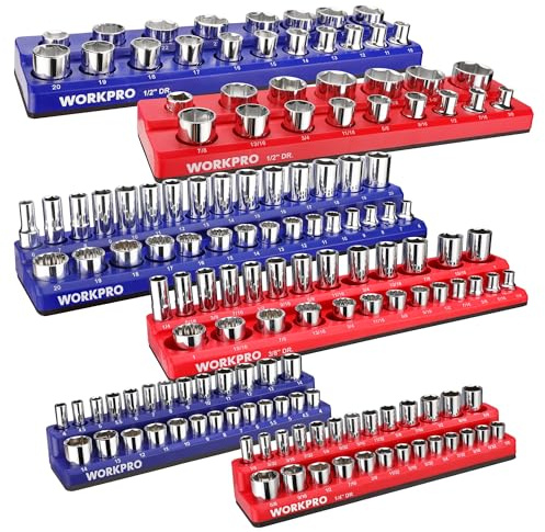 WORKPRO Magnetic Socket Organizer Set, 6-Piece Socket Holder Set Includes 1/4, 3/8, 1/2 Drive Metric SAE Socket Trays, Holds 143 Pieces Sockets, Christmas Gift for Men(Socket not Included)