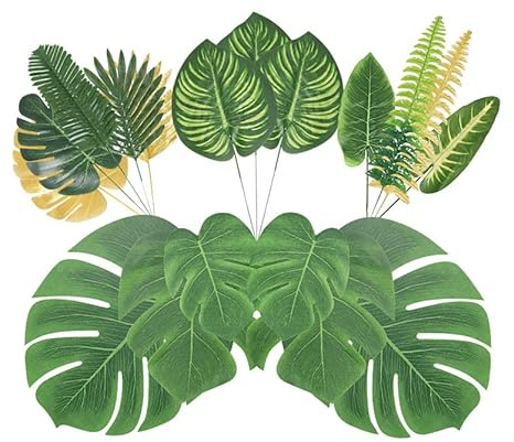 84 piezas de 10 decoraciones de hojas de palma falsas, hojas de plantas tropicales, decoraciones de fiesta de la selva, hojas de palma, decoraciones de boda, decoraciones de fiesta de cumpleaños