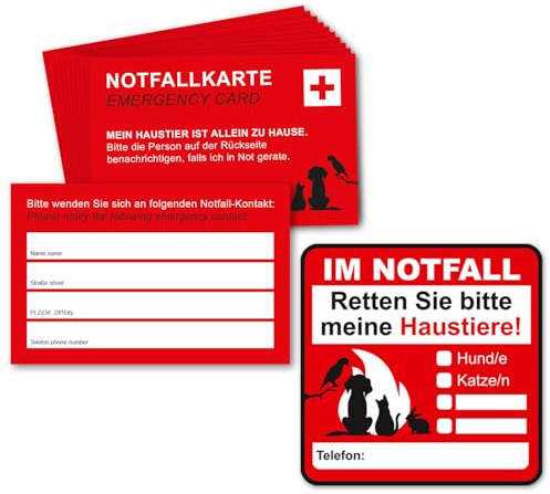 younikat Juego de 10 tarjetas de emergencia para mascotas, 8,5 x 5,5 cm, con campo para personas de contacto, para rotulación individual, rescate para mascotas, dv1058