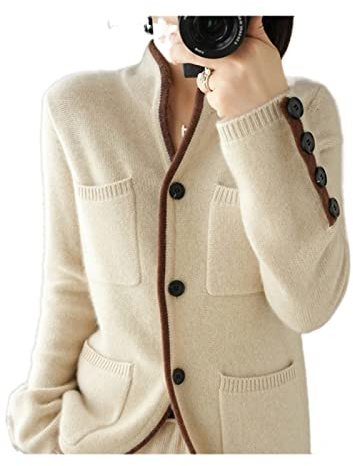 VATIVA Dam 100 % kashmir tröja höst/vinter ståkrage cardigan ledig stickad toppar jacka (färg: ECRU, storlek: XL)