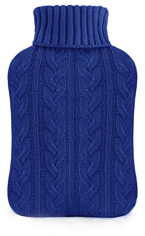 samply Bouillotte avec housse – Housse en tricot doux de qualité supérieure – Grande bouillotte de 2 l, bleu marine
