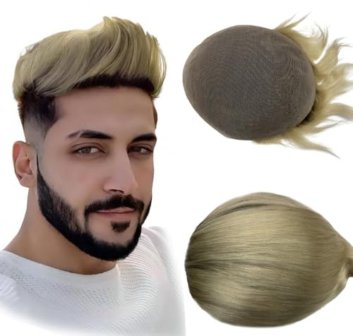 N.L.W. Echthaar Toupet für Männer, Vollspitzen Haarsystem für Männer Schweizer Spitzen Toupet Europäische Herren Toupet Echthaar 10 x 8 (T613 Blond)