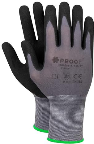 PROOF COMFORT & SAFETY Guantes de trabajo 12 pares de spandex y nitrilo Guantes de protección multiusos precisos para mecánicos obreros de construcción talla 11 gris negro Flexy
