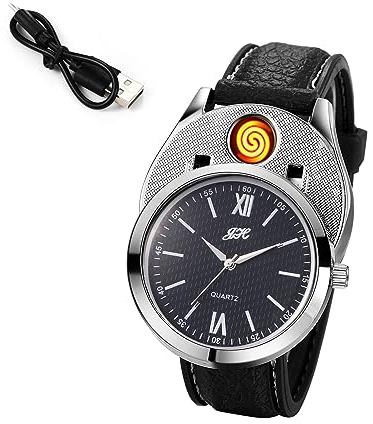 Silverora Herrenuhren Leder Feuerzeug Armbanduhr Herren- Analoge Quarz Uhren mit USB-Aufladung Zigarettenanzünder Schwarze Zifferblatt Armbanduhren mit Lederarmband Geschenke für Männer Schwarz