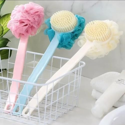 REFRESHKO 2 in 1 Shower Body Brush with Bristles and Loofah, Back Scrubber Bath Mesh Sponge with Curved Long Handle for Bath Shower, Suitable for Wet or Dry Brushing 3 Colour opition (White)
