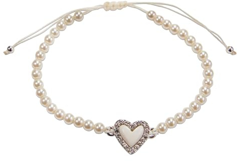 Alpenflüstern Perlen-Trachten-Armband Strass-Herz mit Ziehverschluss - Damen-Trachtenschmuck mit silber-farbenem Trachten-Herz, verstellbare Trachten-Armkette, Perlenarmband (creme-weiß) DAB084