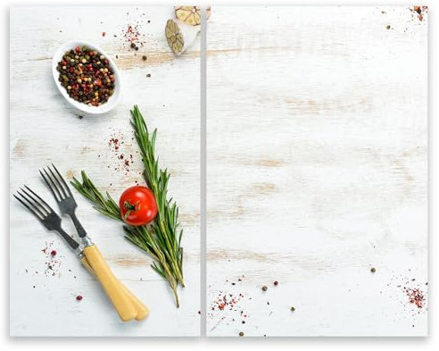 SMTDeco Herdabdeckplatte 30x52+35x52 cm – ESG gehärtetes Glas, kratzfest & rutschfest – Spritzschutz & Schneidebrett – für Induktion/Ceranfeld – 2-teilig, Motiv Gabeln Kräuter Weiss