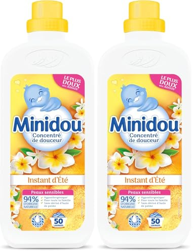 Adoucissant MINIDOU Instant d'Été Bouteille 1L - 50 Lavages | Élimine les Odeurs Désagréables et Laisse un Parfum Frais Durable | Compatible avec Tous les Types de Vêtements (Lot de 2)