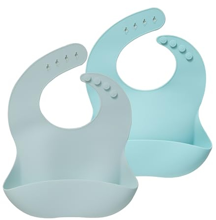 Moonkie Set di 4 bavaglini in silicone, lavabili senza BPA, impermeabili, morbidi, durevoli, regolabili in silicone per neonati e bambini piccoli (nebbia mattutina/cielo blu)