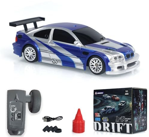 wheelfun 1/43 RC Drift Auto 4WD Mini, ferngesteuert mit LED und Kreisel | Ready to Go; Maßstab 1:43; Allradantrieb; Drift-Funktion; LED-Leuchten; integrierter Kreisel