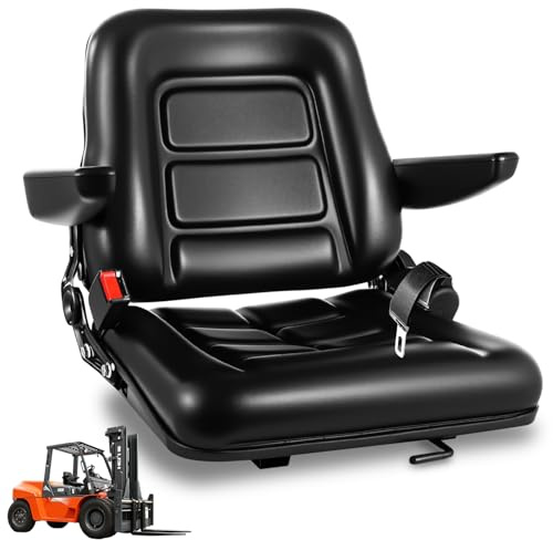 Siège de chariot élévateur universel, siège de tracteur pliable avec dossier à angle réglable et micro interrupteur, siège de chariot élévateur à fente de 23,1 à 35,1 cm avec ceinture de sécurité