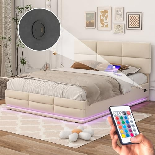 OKimmy Polsterbett Doppelbett 90x200cm, mit LED-Beleuchtung, Zweiseitige USB/Type-C-Ladefunktion, hydraulischem Stauraum, Bettgestell mit verstellbarem Kopfteil, mit Lattenrost Ohne Matratze, Beige