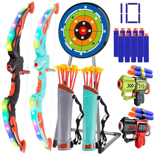 2 Pack Arcs et Flèches pour Enfants Set de Tir à l'arc avec Éclairage LED, 16 Flèches, 1 Cible sur Pied Jouet d'Intérieur et d'Extérieur Cadeau pour Garçons et Filles de 4 à 12 Ans