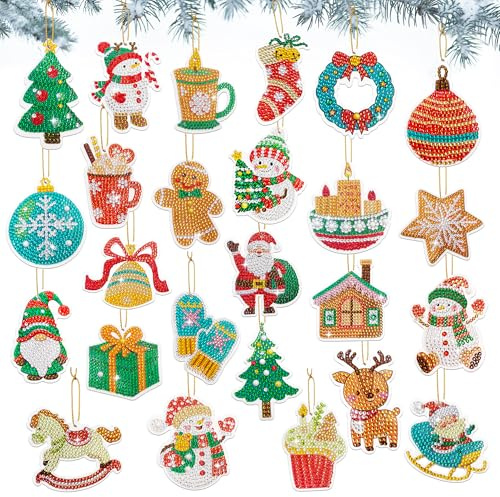 LYLIDIA Diamond Painting Sticker Weihnachten Anhänger Kinder 25pcs Klein Weihnachtlich Weihnachtsbaum Baumanhänger Diamant Painting Aufkleber Geschenkanhänger Weihnachtsdekotation (Rot Grün Braun)