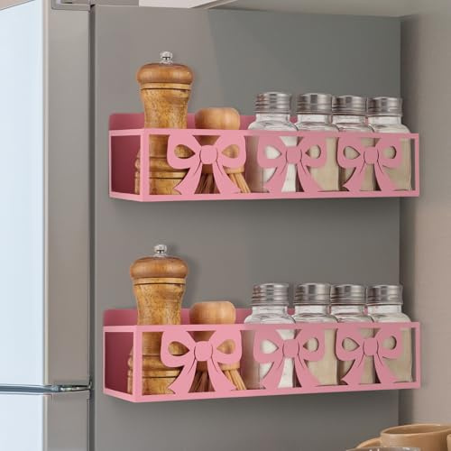 Beeveer 2 Pack Bow Magnetic Spice Rack for Refrigerator Metal Magnet Basket Shelf for Fridge Seasoning Storage Organizers Home Decor Kitchen Accessories (Pink)