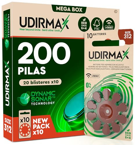 200 Pilas para Audífonos Tamaño 312 Udirmax Baterías PR41 Marrón Zinc-Air Eco Pack - 20 Ampollas Ecológicas de 10 Pilas
