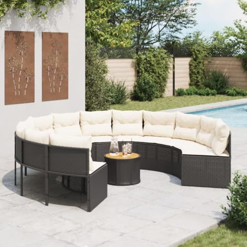 Qnhdfrt Rundes Gartensofa Schwarz PE-Rattan mit Couchtisch und Kissen, Wetterbeständige Outdoor Lounge für Garten, Terrasse und Balkon