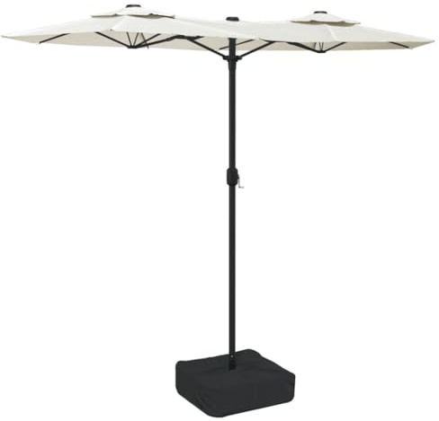 Parasol Double Extérieur,Blanc Sable & Gris Foncé,Parasol de Jardin Résistant UV,Parasol Terrasse avec Pied à Sable,Mât en Fer Thermo-laqué 38mm,Mécanisme à Manivelle,Anti-Vent,316 x 145 x 240 cm