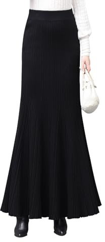 BiilyLi Femme Hiver Élégant Tricotée Longue Sirène Jupe Haute Taille Maxi Skirt Plissée Jupe Black XXL(Taille élastique :88cm)