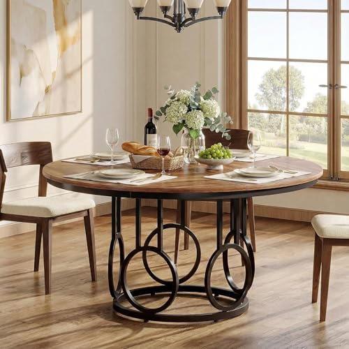 Lailang 120cm Runder Esstisch, Tisch Im Industriestil, Esszimmertisch Holz, Küchentisch Zerlegetisch, Esstisch 4 Personen, Kitchen & Dining, 120 x 120 x 75 cm, Nussbaum & Schwarz