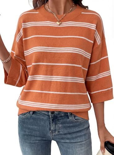 Dokotoo Women's Clothing Short Sleeve Sweater Spring Summer Oversized Sweaters Striped Old Money Clothes Elegant Casual Easter Crewneck Lightweight Knit Tops Shirts Vacation Outfits Orange Large