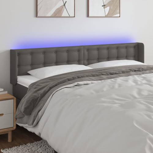 LoogCape Grå LED-sänggavel, 163 x 16 x 78/88 cm, konstläder, höjdjusterbar, vadderad, med skärbara LED-remsor, för sovrum, modern design