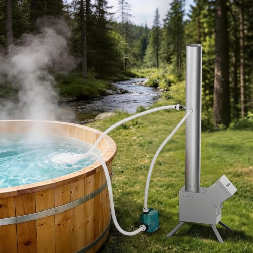 ECOPOOLTECH Holzbefeuerter Poolheizer für kleine Pools bis 2.800 L, Outdoor-Wasserheizer mit Titan-Heizspirale, Pumpe und Schläuchen für Badezuber, Whirlpools und Hot Tubs