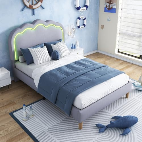 Merax 3ft Single Upholstered Bed with LED Puff Shaped Adjustable Headboard, Linen Bed Frame with Wooden Slats, Teen Bed for Bedroom & Guest Room, Grey, No Mattress Included