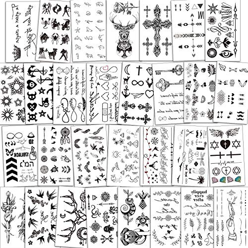 Qpout 300+ Temporäre Tattoos für Frauen Mädchen Männer Jungen Kinder, Schwarz Wasserdicht Elch, Blume, Schlüssel, Schwert, Krone, Diamant, Flügel, Löwe Tattoos für Geburtstag Party Mitgebsel 30 Blatt