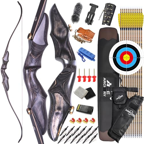AMEYXGS Bogenschießen Take Down Recurve Bogen mit Pfeil Set 58 '' Langbogen ILF Bogen Gliedmaßen 20-50lbs Jagdbogen Sportbogen mit Bogenschießen Zubehör Erwachsener Bogen Rechtshänder (Schwarz, 20lbs)
