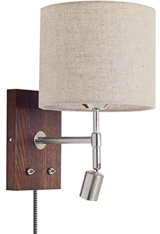 OOWOKS Wandleuchte aus Holz verstellbar mit Schalter und Stecker 1,5m Kabel mit LED 3W Leselampe Nachttischlampe Stoffschirm E27 Wandlampe für Wohnzimmer Schlafzimmer