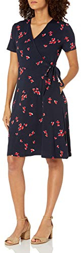 Amazon Essentials Vestido Efecto Cruzado de Manga Corta Mujer, Azul Marino Rojo Flores, M