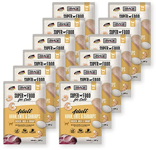 Mac's Katzenfutter Nassfutter Pouch Huhn, Ente & Shrimps 12x100g