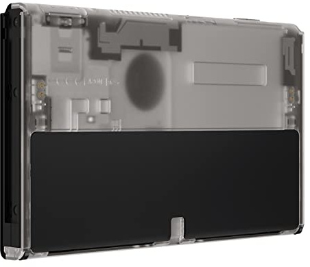 eXtremeRate Konsole Backplate für nintendo Switch OLED, DIY-Ersatz Hülle & Lautstärke/Power Taste, Rückseite Gehäuse Case Shell Zubehör für Switch OLED Console-Transparent Schwarz[Ohne Ständer]