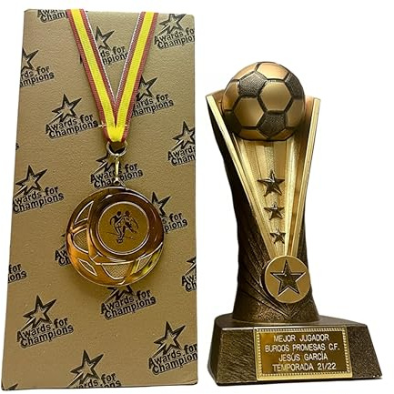 Balón de oro trofeos de fútbol GRABADOS trofeo mejor jugador, máximo goleador, pichichi... con medalla de oro de regalo