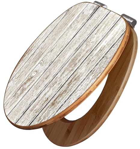 banjado Design WC Sitz Bambus Absenkautomatik 45,8x37,5cm - Toilettendeckel mit Absenkautomatik Holz - hochwertiger Bambus Klodeckel - WC-Sitz für gängigen Toiletten - Motiv Weißes Holz