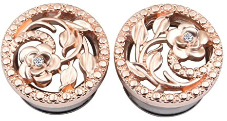 Gualiy 2 STK Flesh Tunnel Edelstahl, Ear Plugs Tunnel 14mm Hohl Blume mit Zirkonia Roségold Damen Ohrringe Tunnel