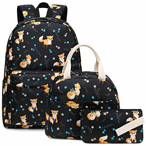 Kouxunt Sac à Dos Fille Cartable Primaire College, 3 en 1 Sac à Dos Scolaire avec Sac à Lunch et Trousse (Renard)