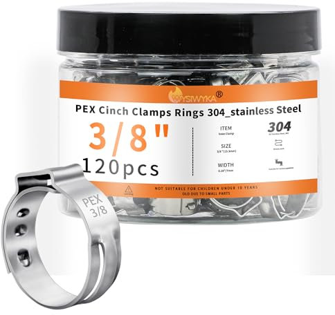 WYSIWYKA 120pcs 3/8 inch PEX Cinch Clamps Rings, 304 Stainless Steel Single Ear Hose Clamps, Pex Crimp Rings for PEX Tubing Pipe Fitting Connections