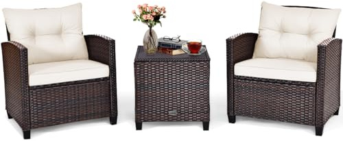KOMFOTTEU Juego de Muebles de Ratán de Balcón de 3 Piezas, Conjunto de Salón con Mesa de Café y 2 Sillas, Mesa de Terreza con Tapa de Cristal, Sillones con Cojines Extraíble (Cojín Beige)