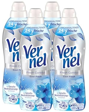VERNEL Fresh Control Cool Fresh Weichspüler 4x 37 WL (148 Waschladungen), Wäscheduft für 24/7 langanhaltende Frische mit Geruchs-Neutralisierungs-Technologie, recycelbare Flasche
