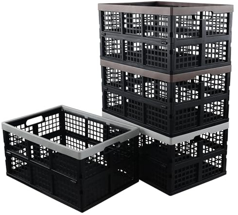 Guankan 4-Pack Large Collapsible Milk Crates, 42 L Plastic Stackable Folding Storage Crate Basket