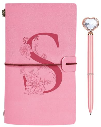 Initialen PU Leder Notizbuch mit Stift, Rosa Nachfüllbar Tagebuch für Frauen Mädchen, Reisetagebuch Skizzenbuch Notebook Geschenk für Freundin Schwestern Lehrer Abschluss Geburtstag Weihnachten S