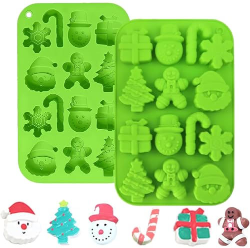 Stampi natalizi in silicone per cioccolato, 2 stampi da forno a 14 cavità, fiocchi di neve, albero di Natale, omino di pan di zenzero, Babbo Natale, scatola regalo per fai da te, sapone, candele,